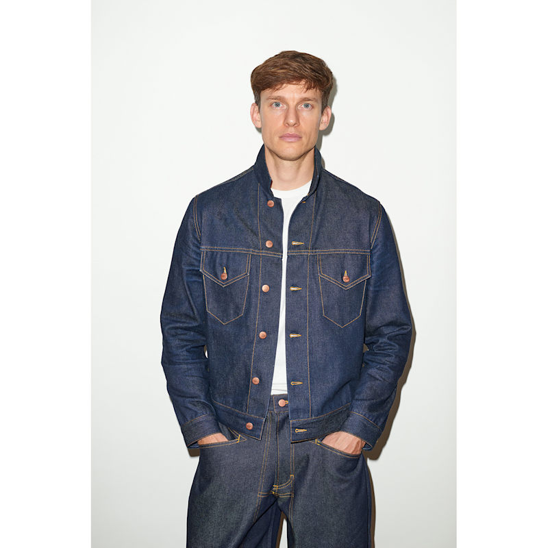 Mens Trucker Jacket In Raw Indigo Denim | Hegarty | Wolf & Badger
