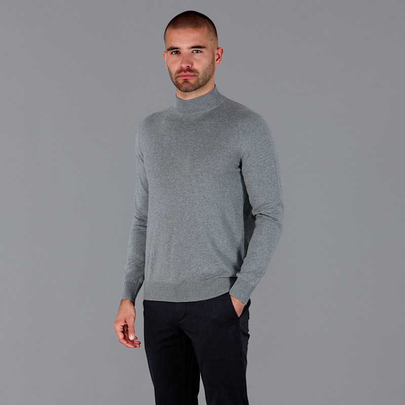 Mens Ultra Fine Cotton Mock Turtle Neck Spencer Jumper Ash Grey