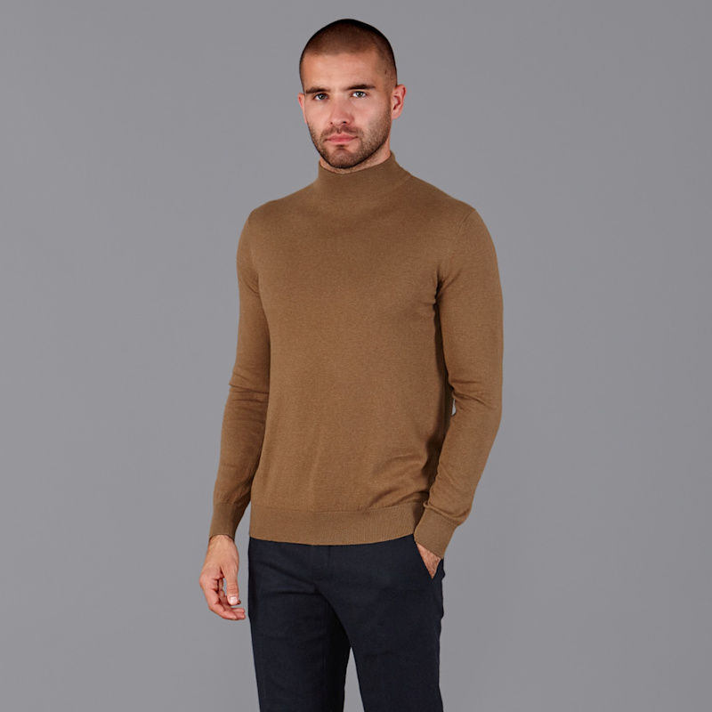 Mens Ultra Fine Cotton Mock Turtle Neck Spencer Jumper Camel by Paul  James Knitwear