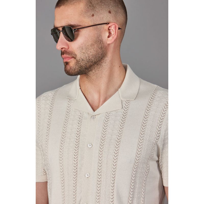 Thumbnail of Mens Ultra Fine Cotton Santiago Open Knit Cuban Collar Shirt - Ecru image