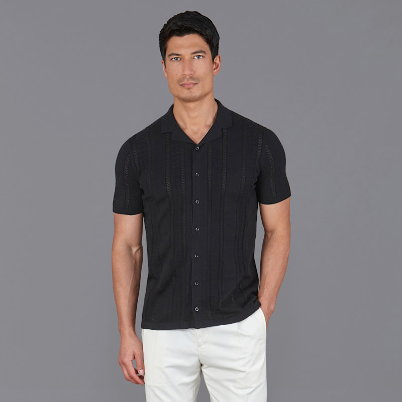 Thumbnail of Mens Ultra Fine Cotton Santiago Open Knit Cuban Collar Shirt - Black image