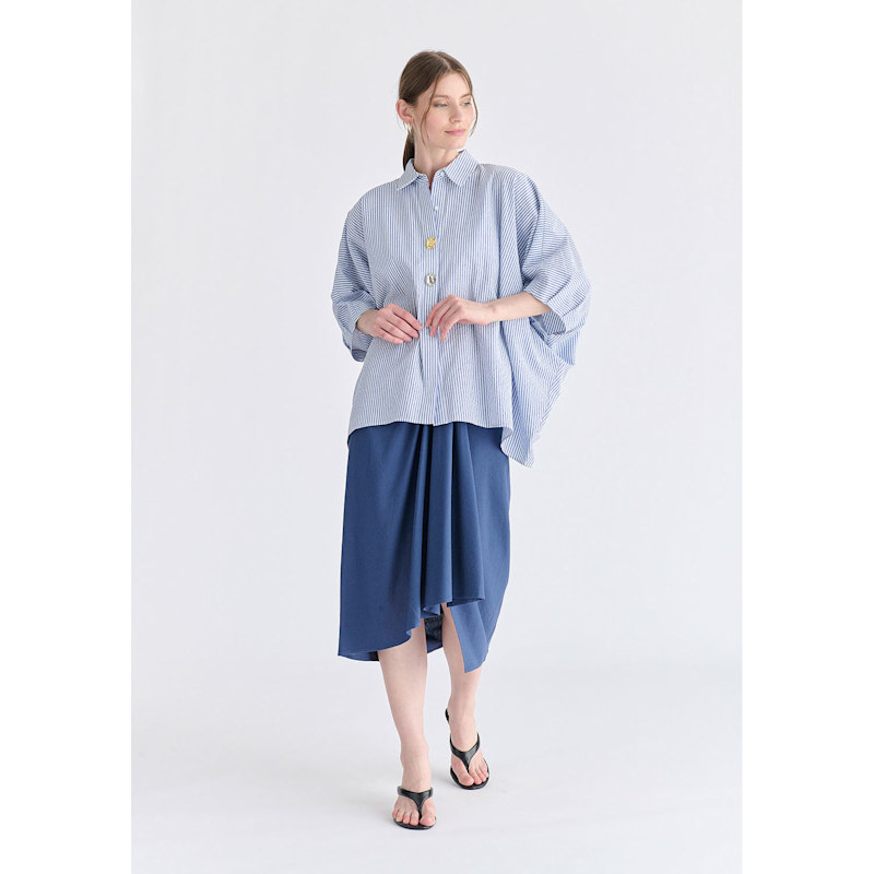 Thumbnail of Metallic Button Details Oversized Blouse In Blue Stripes image