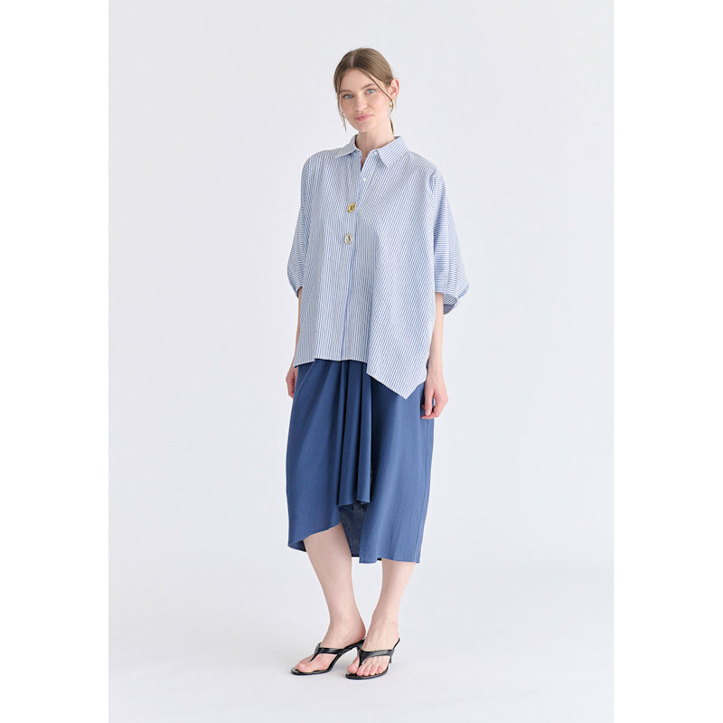 Thumbnail of Metallic Button Details Oversized Blouse In Blue Stripes image