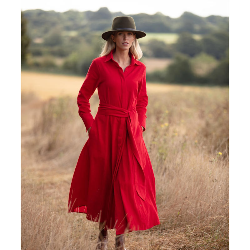 Marigold Corduroy Dress In Pillarbox Red | At Last | Wolf & Badger