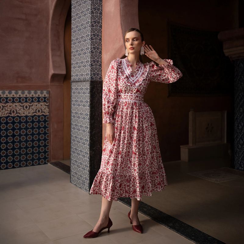 midi block print dress Red-Black Stripes Block Print Cotton Paneled A-Line Midi Dress 68" / Tall (5'7" and above)
