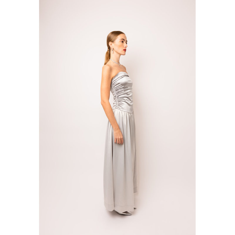 Micha Silver Maxi Satin Drop Waist Dress | AMY LYNN | Wolf & Badger