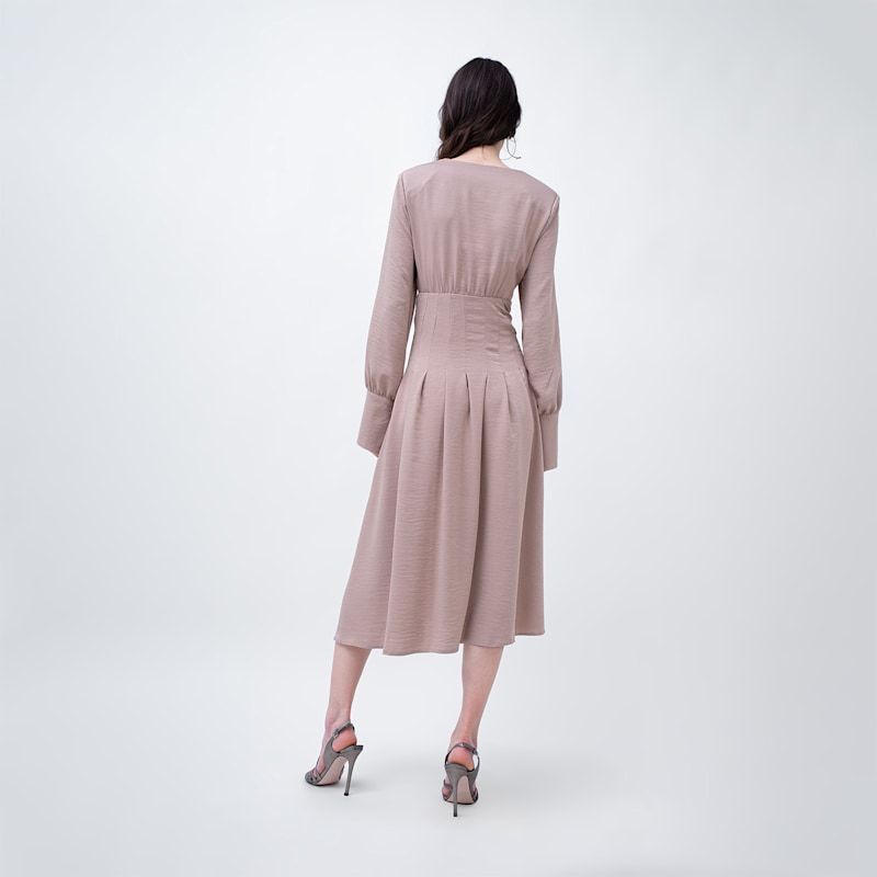 Thumbnail of Midi Beige Dress With Pleats And Asymmetrical Cut Neck image
