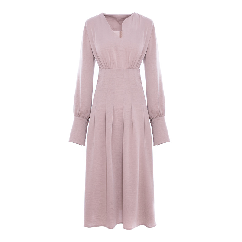 Thumbnail of Midi Beige Dress With Pleats And Asymmetrical Cut Neck image
