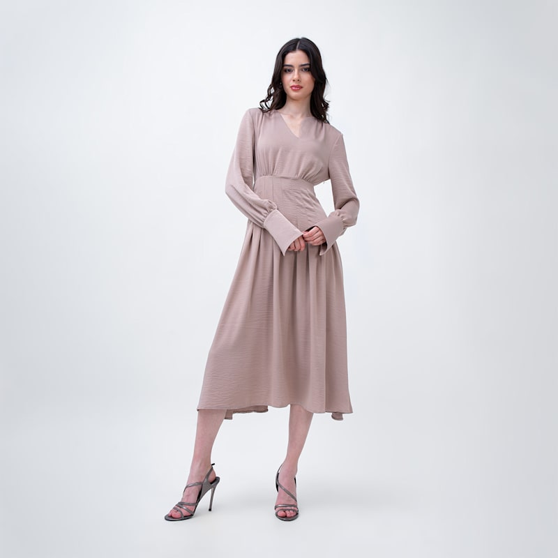 Thumbnail of Midi Beige Dress With Pleats And Asymmetrical Cut Neck image