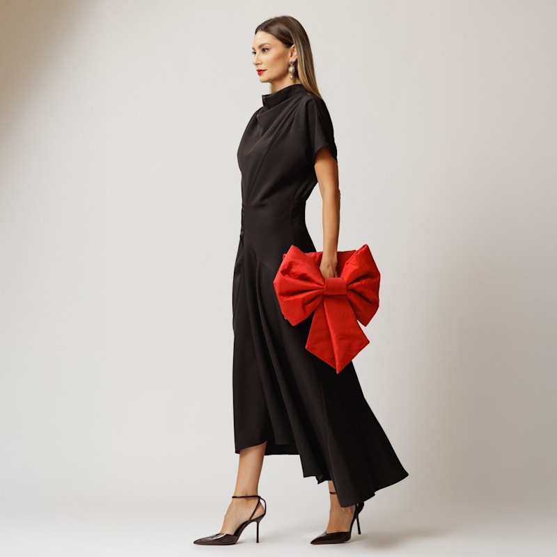 Thumbnail of Midi Black Dress With Front Drape And Collar image