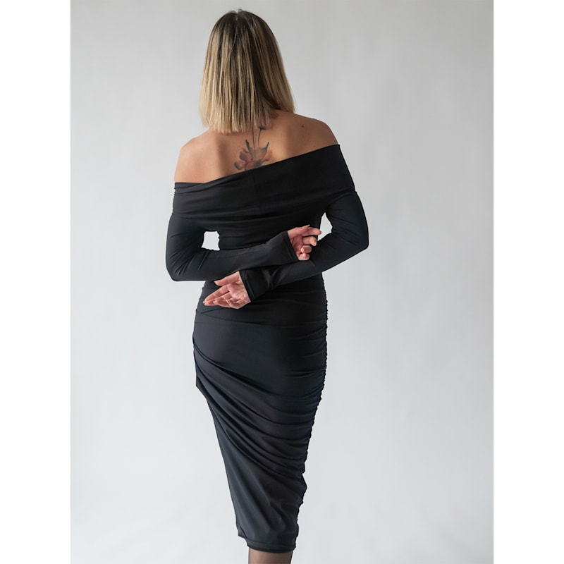 elastic bodycon dress Black sequin cowl neck dress  foxxiladi