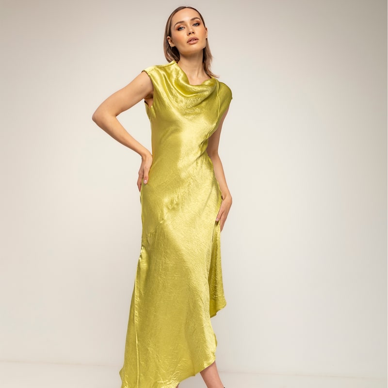 asymmetrical boat neck dress Midi With A Silk-Textured Neckline And An Hem Green by TANTRA SPAIN SL day comfort