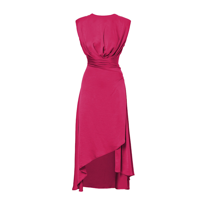Midi Fuchsia Dress With Oversized Shoulders And Slit BLUZAT