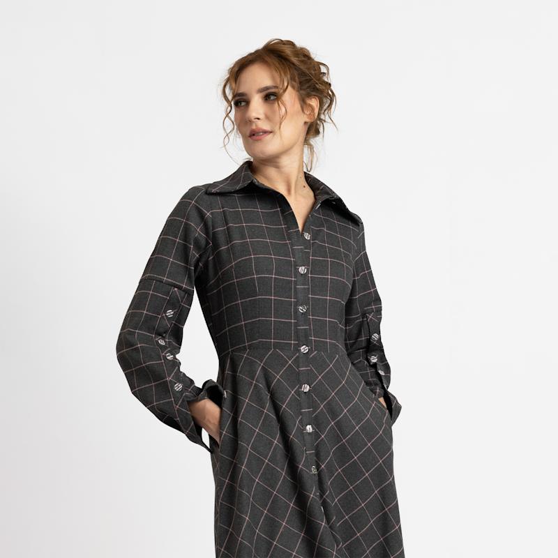Thumbnail of Midi Plaid Shirt Dress In Grey Color image
