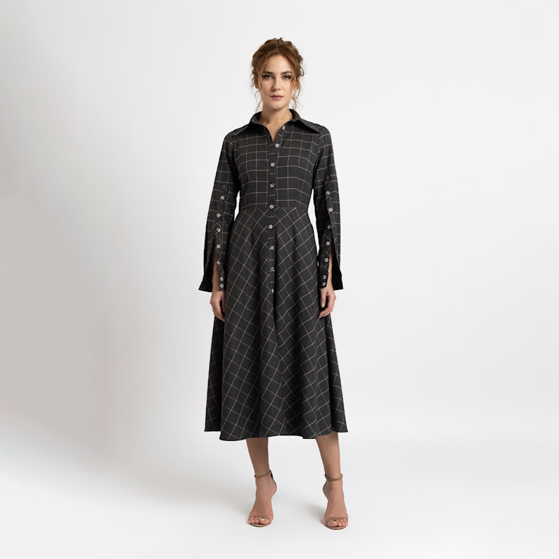 Thumbnail of Midi Plaid Shirt Dress In Grey Color image