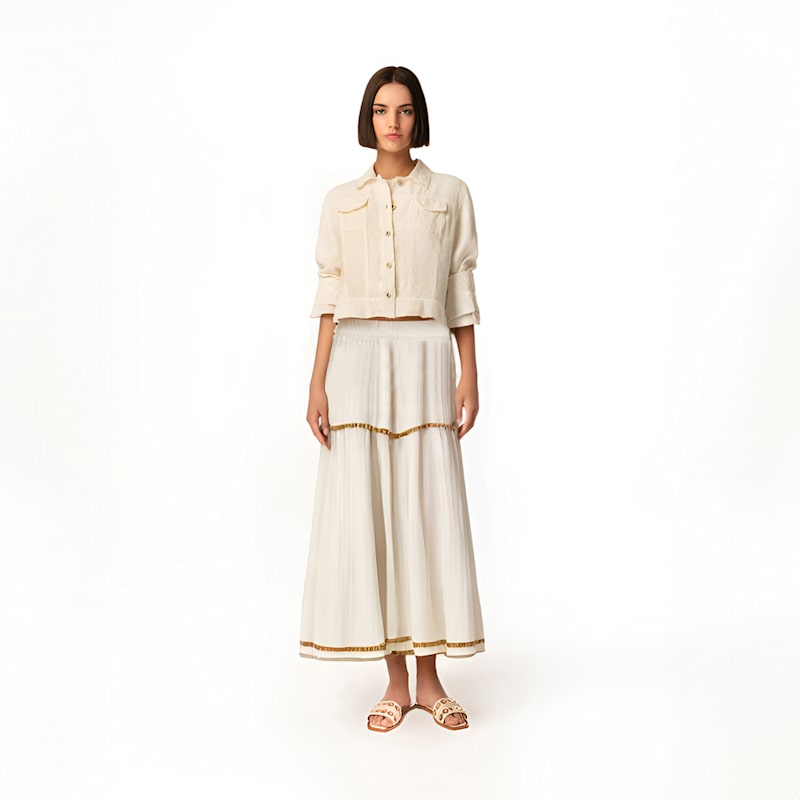 Thumbnail of Midi Skirt In Textured Cotton With Lace Trims White image