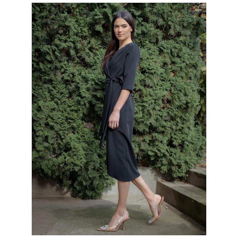 black dress with quarter sleeves Quarter Sleeve Crew Neck Dress, Black