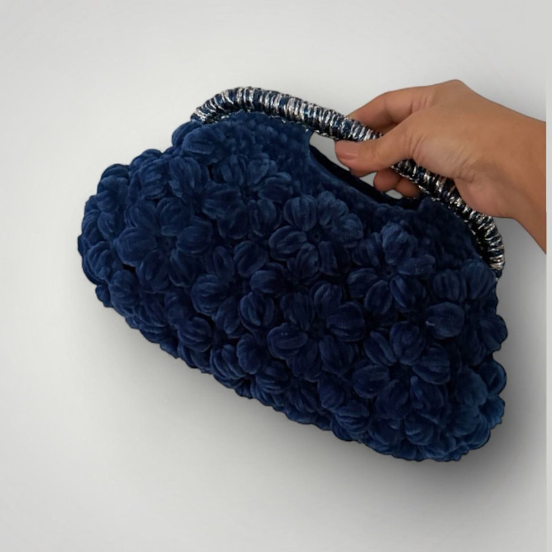 Thumbnail of Midnight Sapphire Blue Velvet Knitted Designer Bag – Elegant, Soft, And Unique image