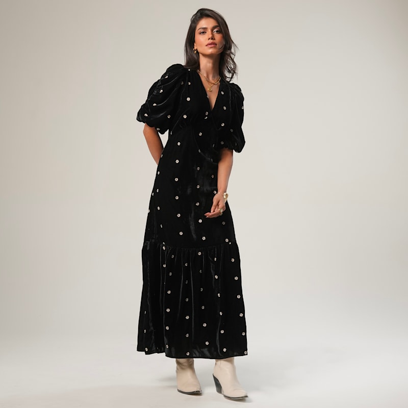Mila Black Velvet Midi Dress | Rose & Nancy | Wolf & Badger