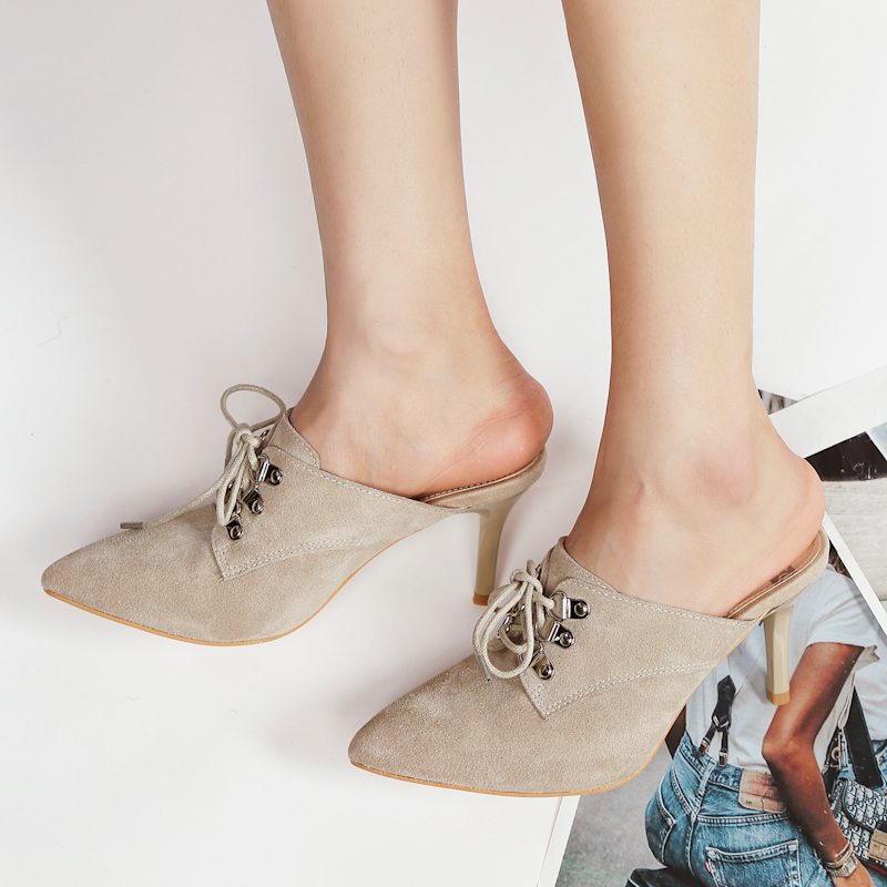 Thumbnail of Miladi Genuine Suede Leather Stiletto Mules In Beige By Rag & Co image