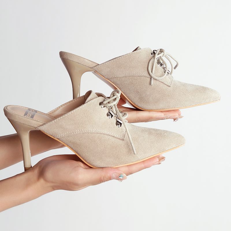 Thumbnail of Miladi Genuine Suede Leather Stiletto Mules In Beige By Rag & Co image