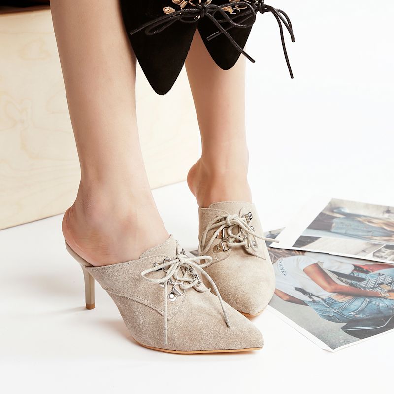 Thumbnail of Miladi Genuine Suede Leather Stiletto Mules In Beige By Rag & Co image