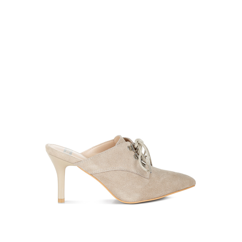 Thumbnail of Miladi Genuine Suede Leather Stiletto Mules In Beige By Rag & Co image