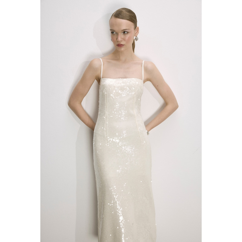 Miles Sequin Dress In Cloud Cream | NAZLI CEREN | Wolf & Badger