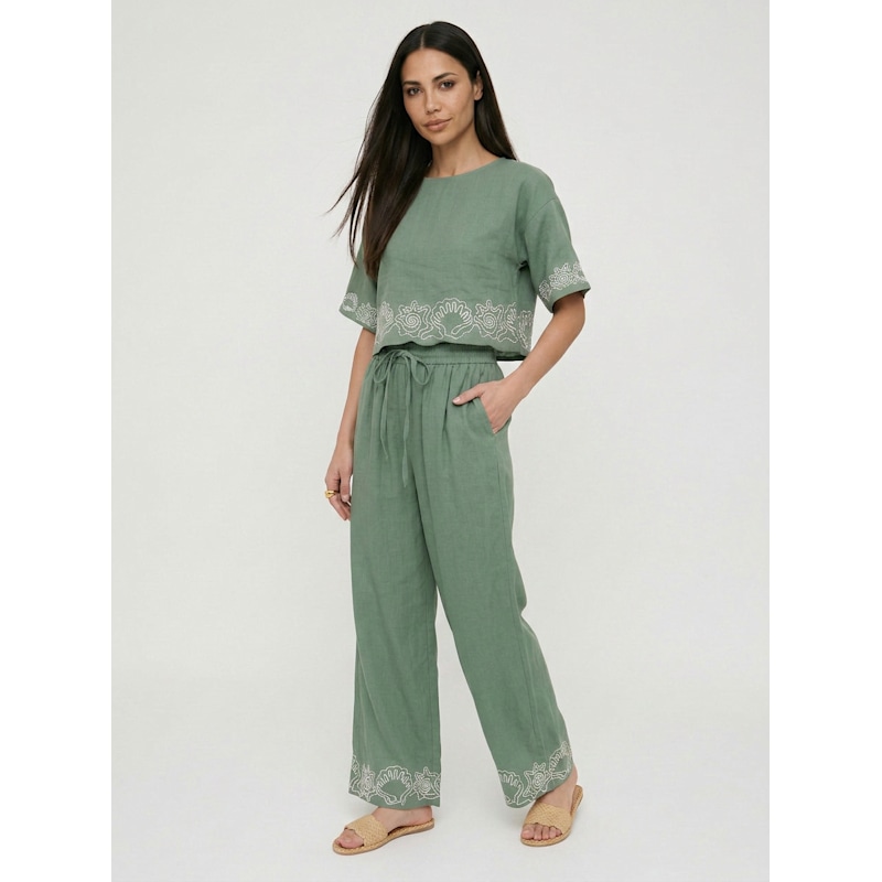 Thumbnail of Milly Wide Leg Embroidered Trouser In Green image