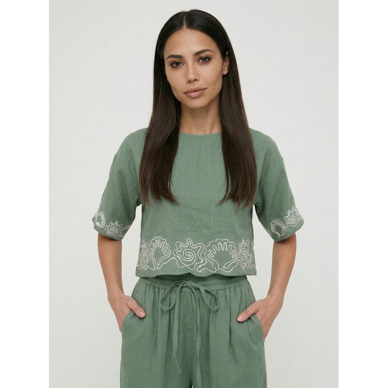 Thumbnail of Milly Wide Leg Embroidered Trouser In Green image