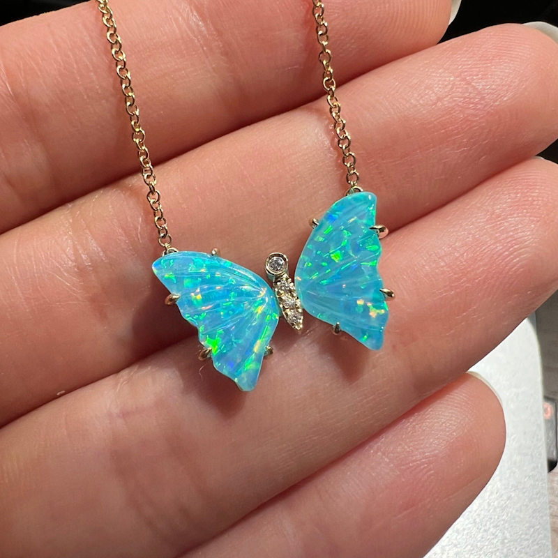 Thumbnail of Mini Butterfly Necklace With Diamonds & Prongs In Turquoise Opal image