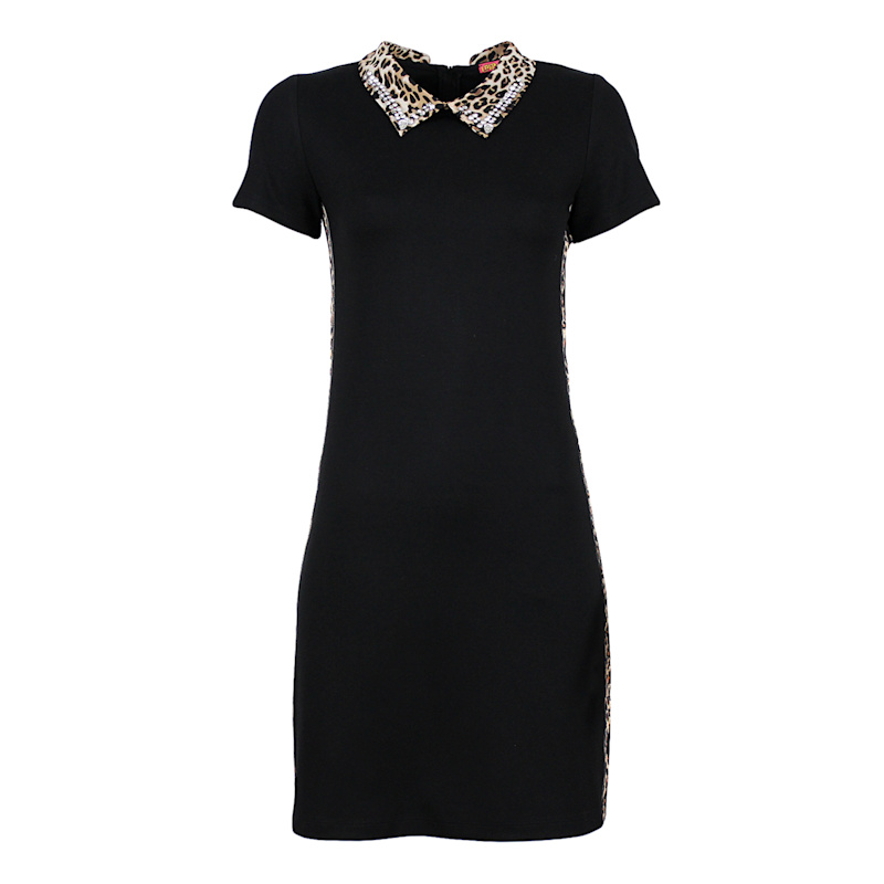 Lalipop Design Mini Knitted Dress With Leopard Print Collar - Black