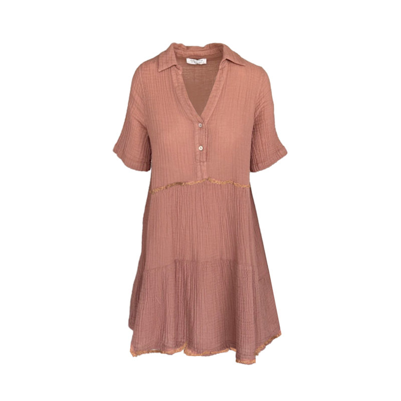 Thumbnail of Mini Textured Cotton Short Sleeved Dress With Front Buttons And Lace Trims Blush image