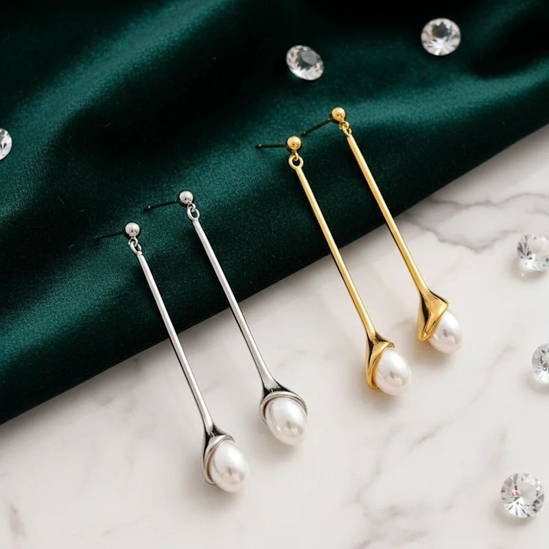 Thumbnail of Minimalist Pearl Drop Bar Earrings - Gold image