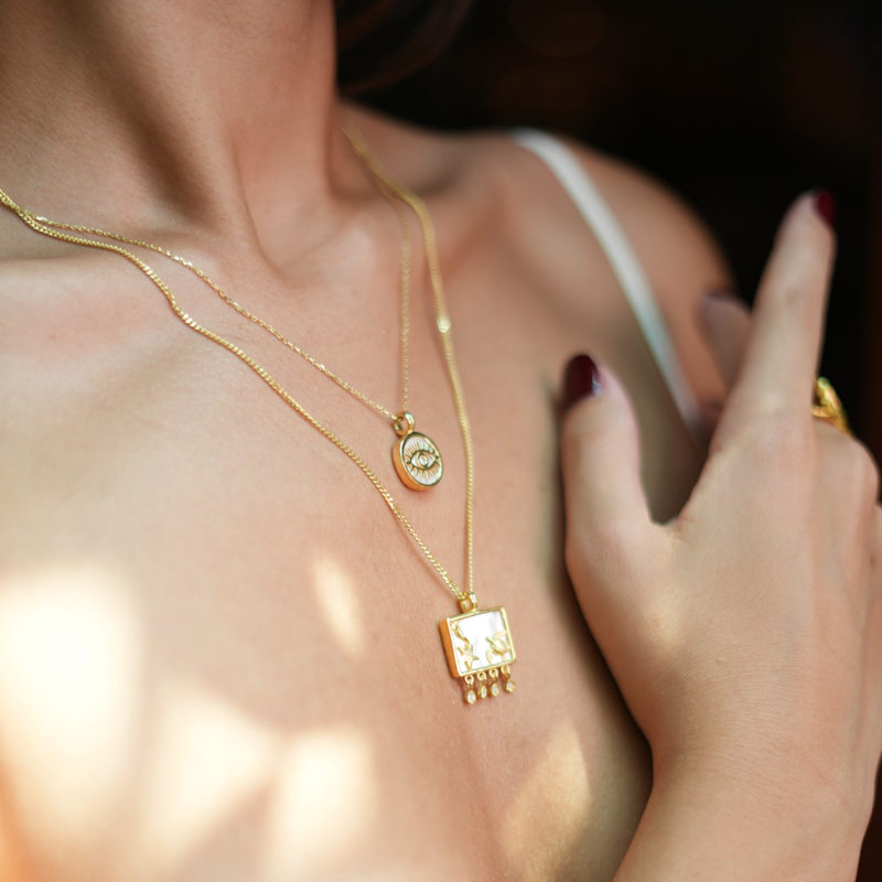 Thumbnail of Pearl & Gold Round Evil Eye Pendant Talisman Necklace - White image