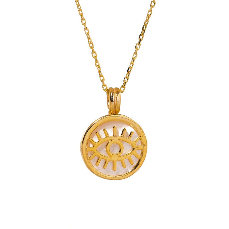 Thumbnail of Pearl & Gold Round Evil Eye Pendant Talisman Necklace - White image