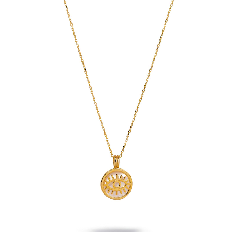 Thumbnail of Pearl & Gold Round Evil Eye Pendant Talisman Necklace - White image