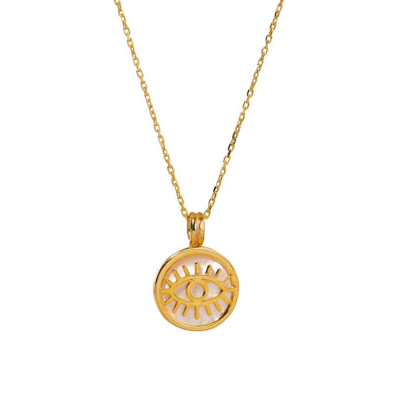 Thumbnail of Pearl & Gold Round Evil Eye Pendant Talisman Necklace - White image