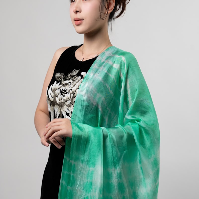 Thumbnail of Mint Green Shibori Silk Shawl – Hand-Dyed Mulberry Silk Wrap image