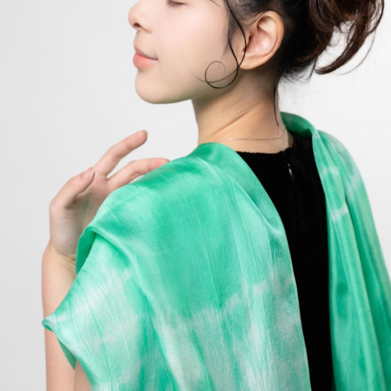 Thumbnail of Mint Green Shibori Silk Shawl – Hand-Dyed Mulberry Silk Wrap image