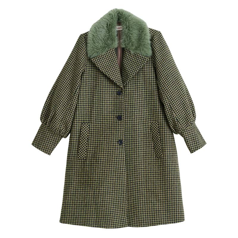 Mischa Burray Fur Collar Statement Sleeve Check Coat - Fern