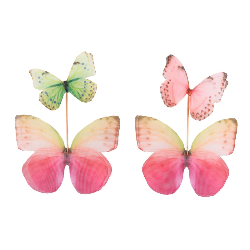 Thumbnail of Mismatched Silk Butterfly Earrings Green Pink Statement Pair image