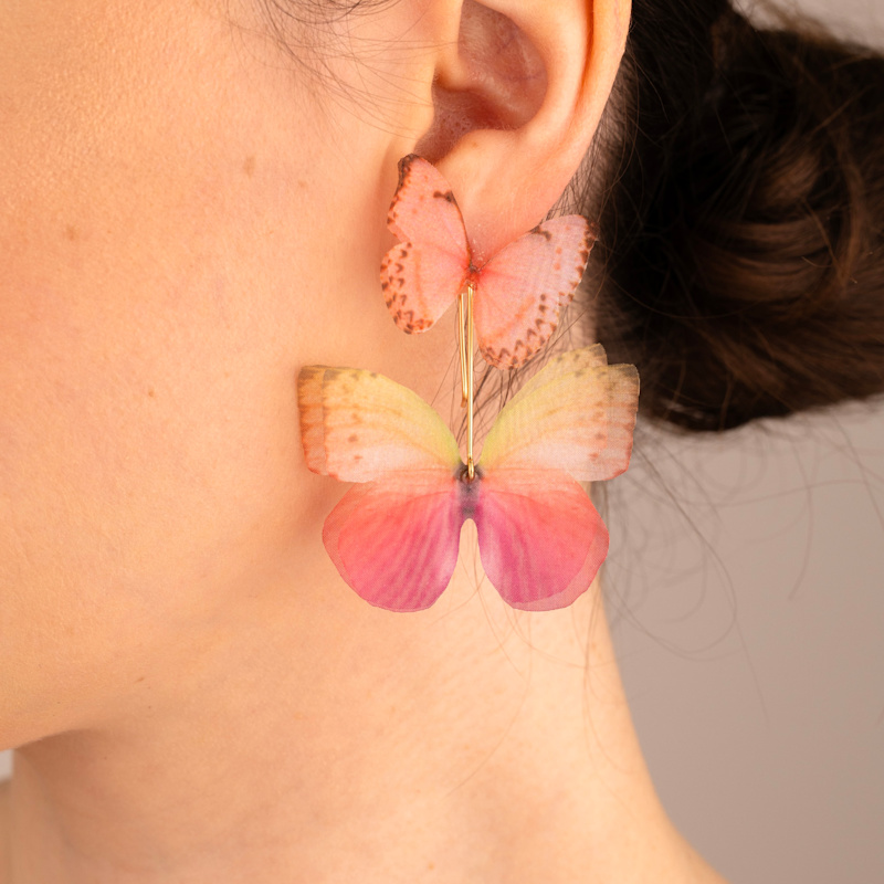 Thumbnail of Mismatched Silk Butterfly Earrings Green Pink Statement Pair image