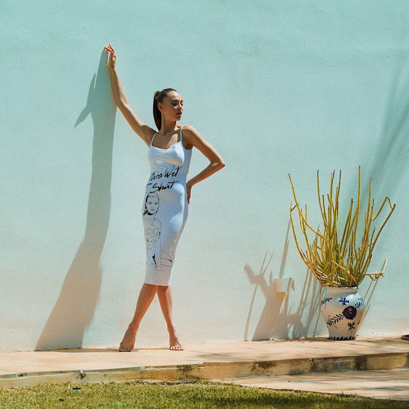 White Printed Sleeveless Evening Sheath Dress - Miss Wet T-Shirt