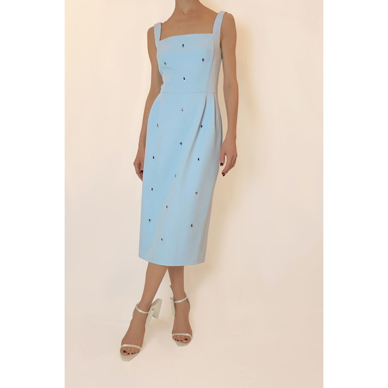Miu Crystal Hand-Embellished Pencil Midi Dress – Blue | 2KStyle