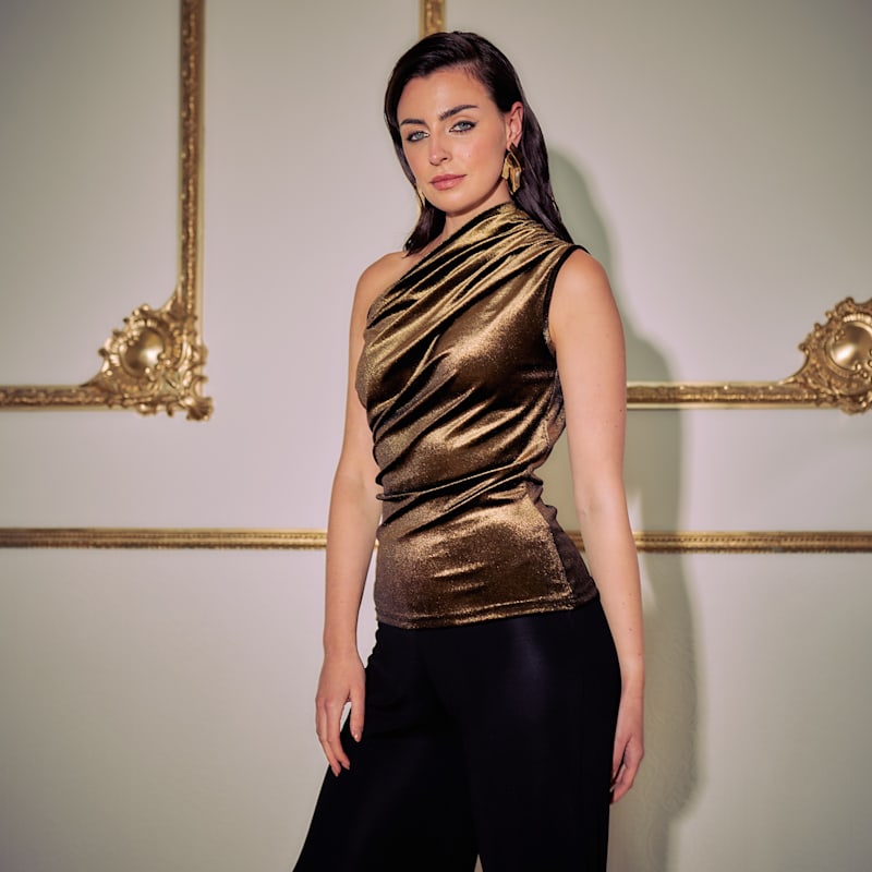Thumbnail of Mixed Signals Gold Velvet One Shoulder Top image