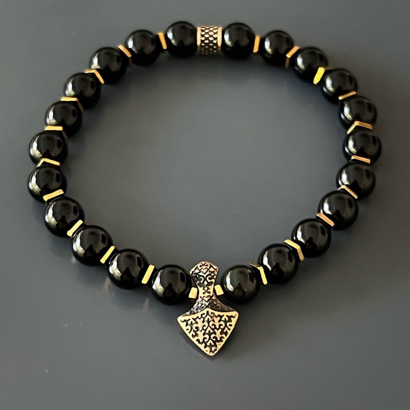 Thumbnail of Arrow Black Onyx Stone Men's Beaded Bracelet - Black image