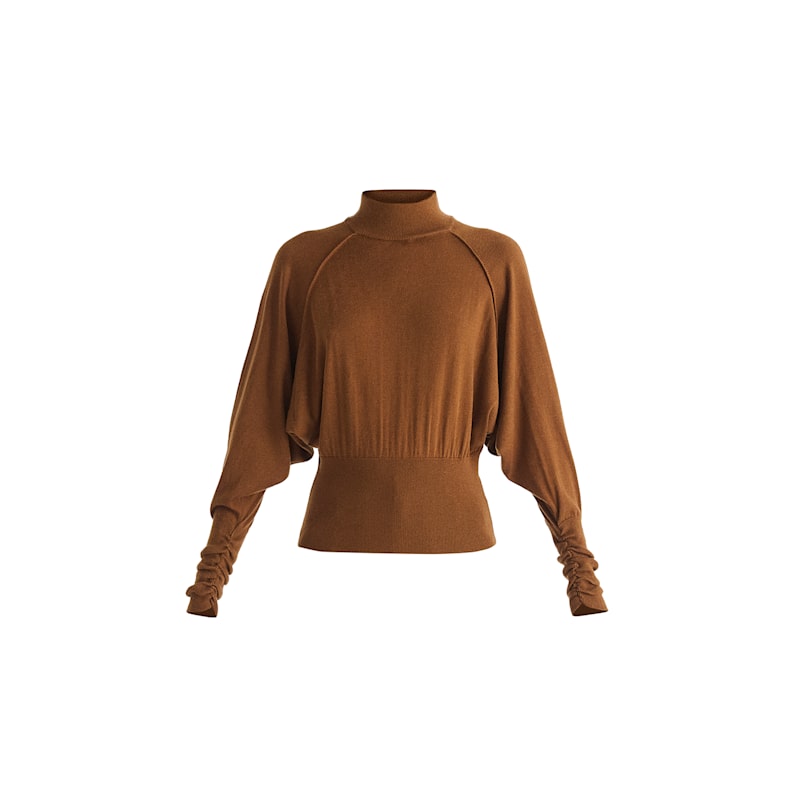 Mock Neck Batwing Jumper With Ruched Cuffs In Brown by PAISIE