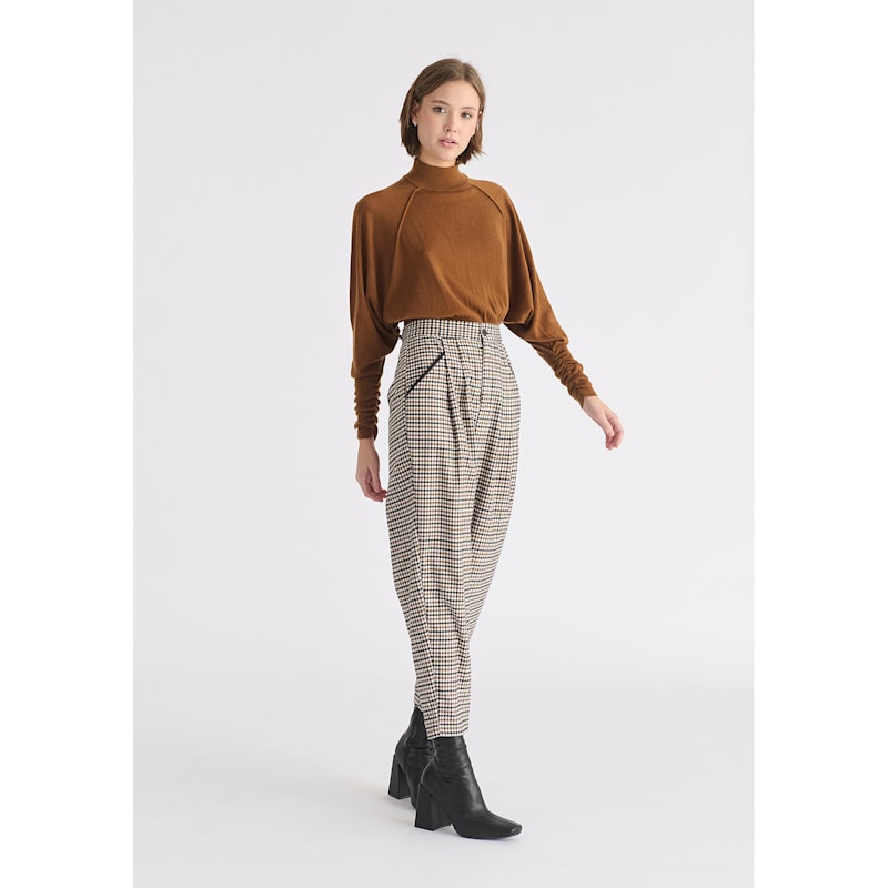 Mock Neck Batwing Jumper With Ruched Cuffs In Brown PAISIE