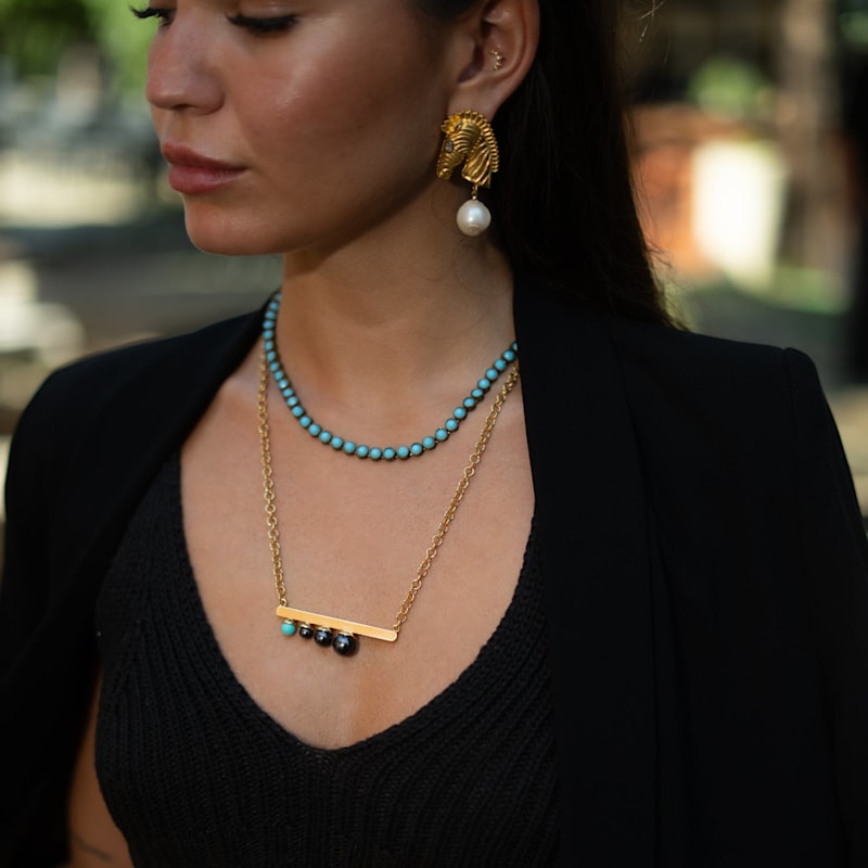 Thumbnail of Modern Harmony Black Pearl & Turquoise Gold Necklace - Gold image